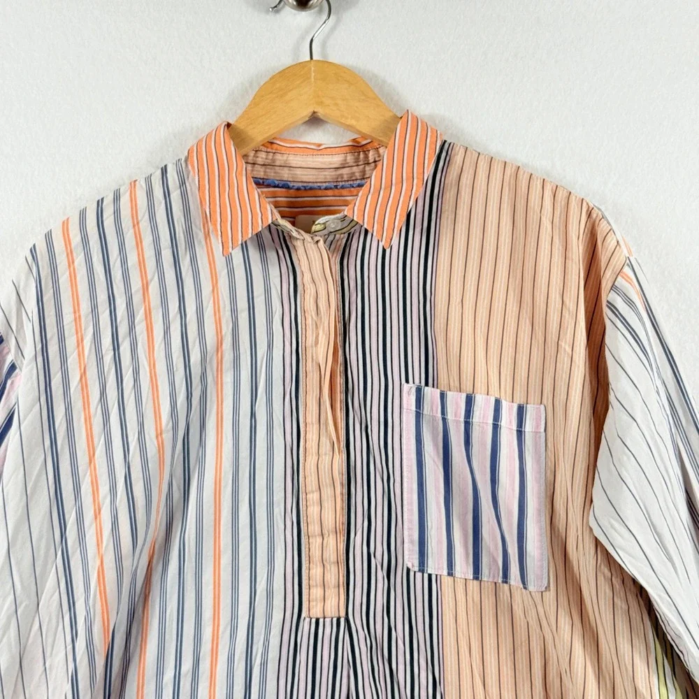 Maeve Striped Tunic Women Medium Multi Mixed Stripe Boho Coastal Top Loose Flowy